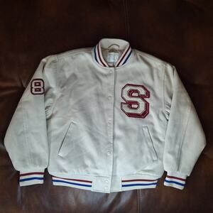 Khaki + Blue Varsity Letterman Jacket Small Cream Fleece Snap Front 84 Patch - S